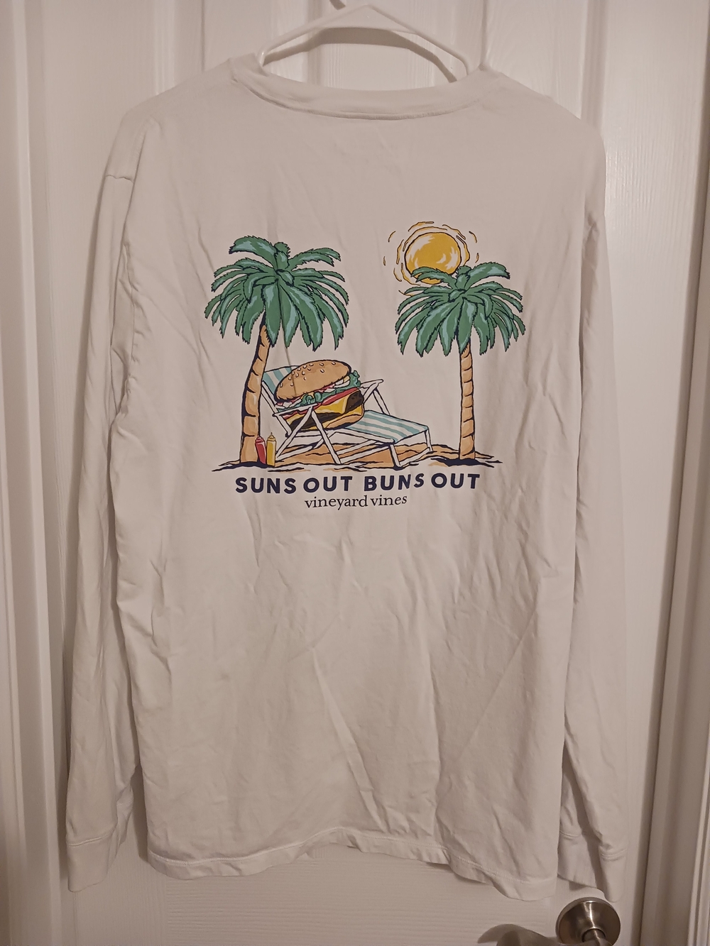 Vineyard Vines White Long Sleeve Pocket Tee with Tropical Pocket Large- FUNNY